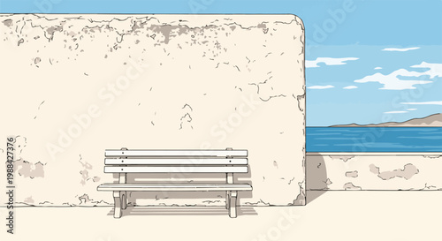 Serene seaside scene with a weathered wall and solitary bench overlooking blue waters