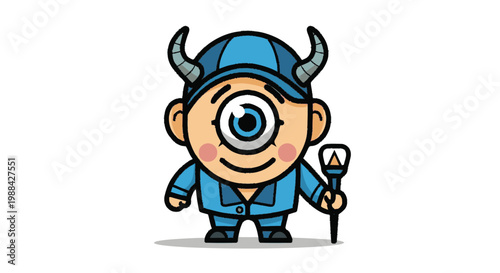 Cartoon cyclops character with horns and staff vector illustration