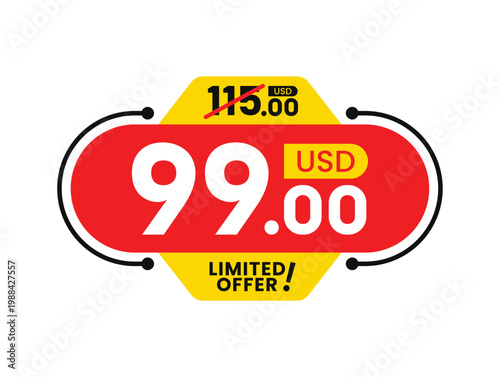 Price before and after, price tag label modern design with discount and sale, crossed old price, limited offer text, and round shape. Vector illustration