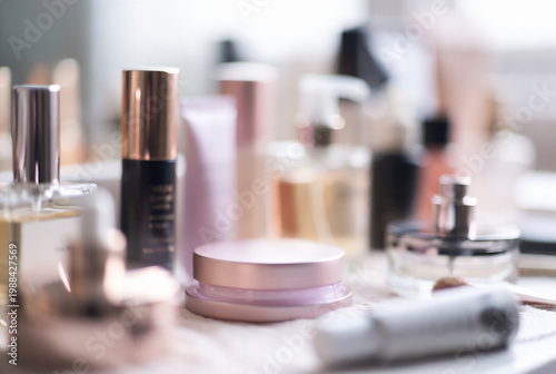 A collection of cosmetic products is displayed on a table. It appears someone is preparing for makeup application, likely in a vanity area.