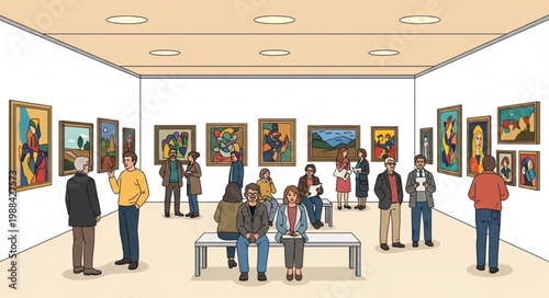 People admiring paintings in an art gallery exhibition hall.