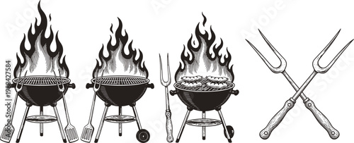 Vector illustration of charcoal grills with flames, utensils and sausages in barbecue cooking design