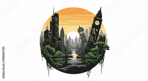 Ruined cityscape with overgrown structures and bridges at sunset