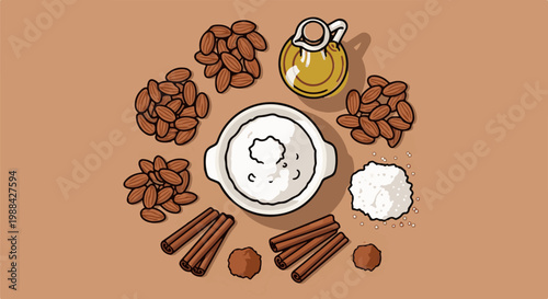 A visually appealing overhead view of food ingredients arranged artistically