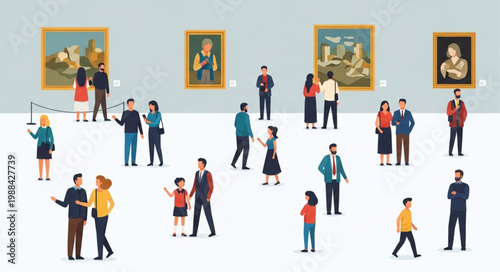 People admiring paintings in an art gallery exhibition hall.