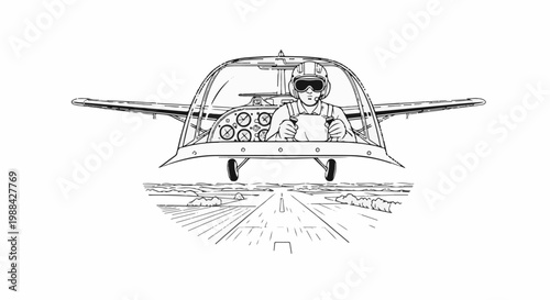 Pilot in cockpit of a small plane approaches a runway