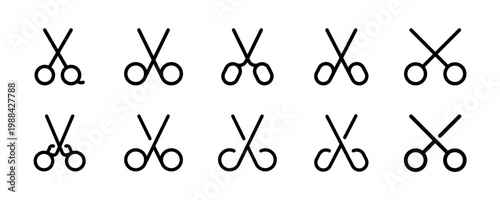 Scissor icons variations. Minimalist line art designs for cutting and tailoring, apps, UI, and user interface icon set. Editable vector stroke