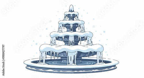 Frozen multi-tiered fountain with icicles and falling snowflakes