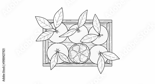 Overhead view of a wooden crate filled with oranges, one halved