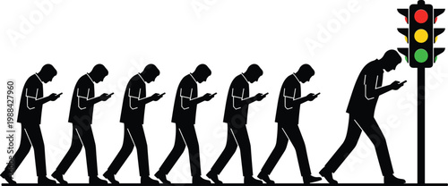 Vector illustration of silhouetted figures walking with smartphones toward traffic light in modern society design