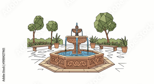 Ornate fountain at center of courtyard with benches, potted plants and trees