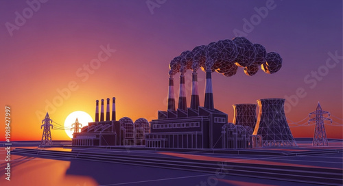 Futuristic industrial complex at sunset with robots.