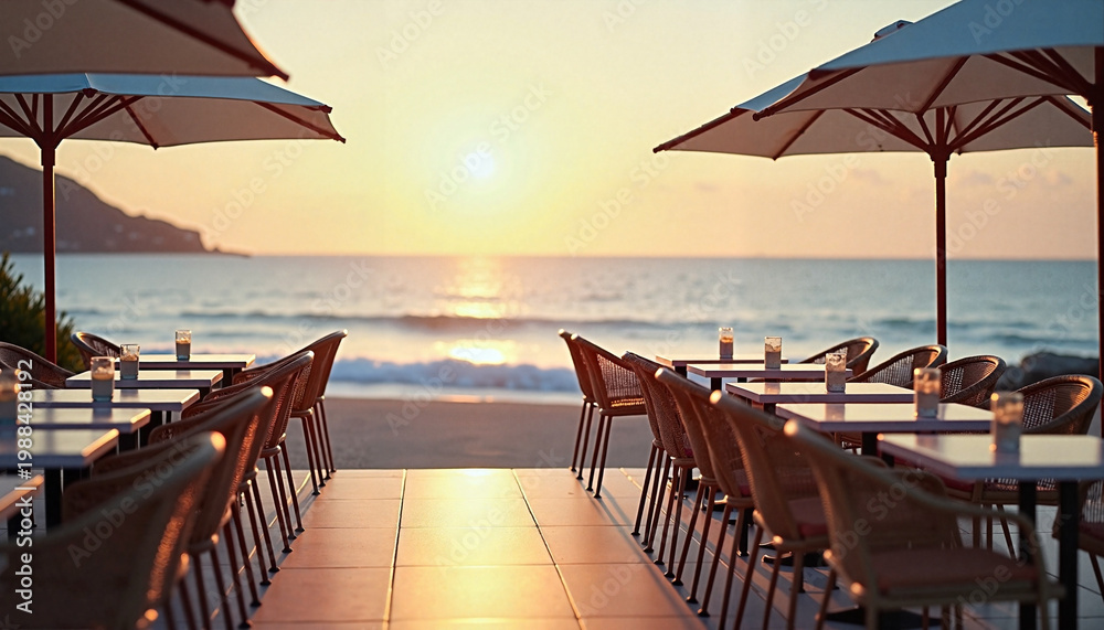 Fototapeta premium Seaside cafe tables under umbrellas in romantic sunset mood by ocean with copy space