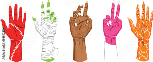 Vector illustration of stylized hands in stitched, bandaged, cracked and colorful designs for fantasy art