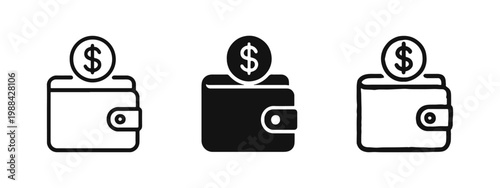 Savings and Finance Wallet with Coin Icon Set in Simple Linear and Solid Styles