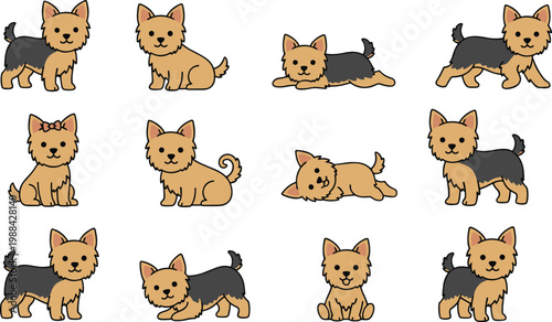 Vector illustration of Yorkshire Terrier dogs in cute poses including sitting, standing, lying and walking design