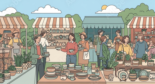 People browsing handmade pottery at an outdoor market stall.