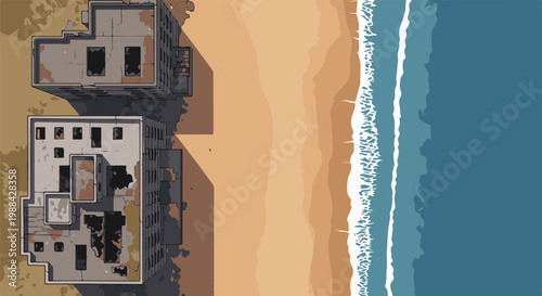 Pixel art aerial view of abandoned buildings on a sandy beach with crashing waves