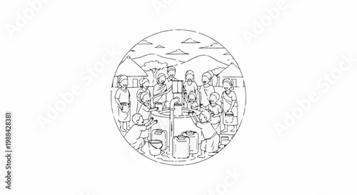 People gathered around a water pump, collecting water into containers in a rural village