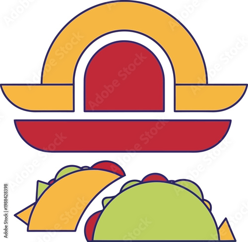 Colorful depiction of a stylized boat and its cross-sectional view with a taco illustration