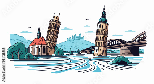 Leaning towers and a bridge over a flooded landscape with a distant castle