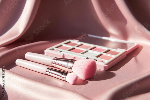 A blush palette and makeup brushes are arranged on a pink satin cloth. It appears to be a product shot for cosmetics.