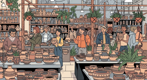 People browsing pottery and plants in a vibrant market stall.