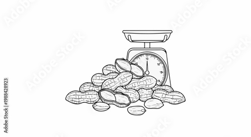 Line art of peanuts piled on a kitchen scale, showing measurements