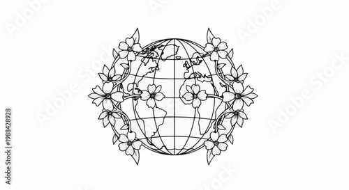 Earth embraced by blooming vines and flowers in a delicate drawing