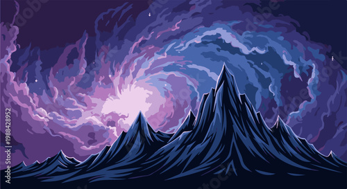 Jagged mountains under a swirling cosmic nebula with faint stars