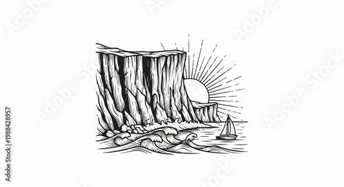 Dramatic sun sets behind cliff face with waves and sailboat