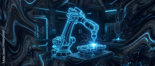 Blue neon industrial robotic arm performing welding operation in a futuristic factory setting