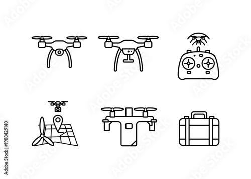 Vector of drones and drone accessories including remote control and carrying case displayed in a grid
