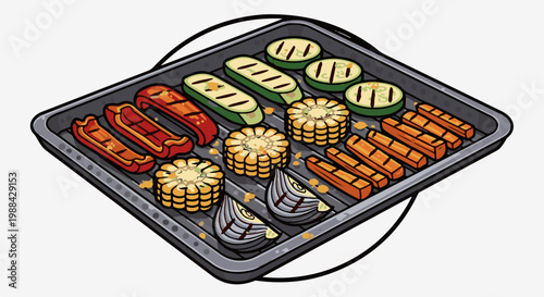 Isometric grill pan with colorful vegetables and corn on the cob