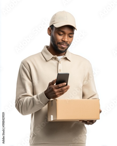 A man in a beige outfit holds a cardboard box and looks at his smartphone, smiling. Ideal for themes of online shopping, delivery services, and customer satisfaction.
