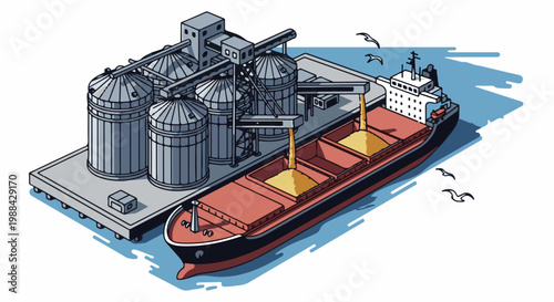 Industrial port facility with silos loading bulk cargo onto a docked ship