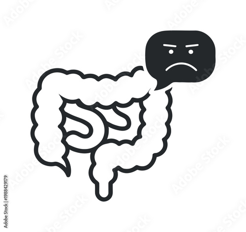 Vector of a sad face bubble near intestines indicating digestive distress