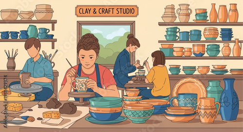 People creating pottery in a bright craft studio.