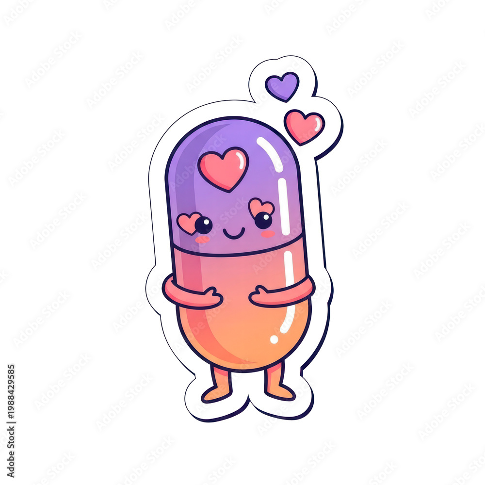 Fototapeta premium Happy cartoon medicine capsule with hearts sticker illustration