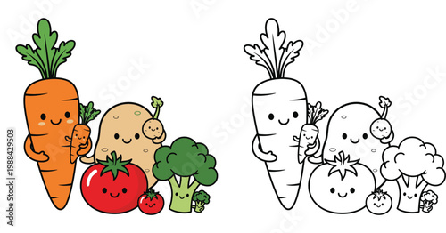 Cute Kawaii Vegetable Family Coloring Page with Carrot Potato Tomato and Broccoli Cartoon Vector Illustration