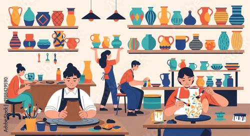 People creating pottery in a bright studio.