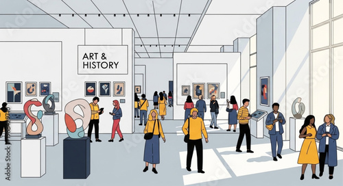 People enjoying art and history exhibits in a modern museum gallery.