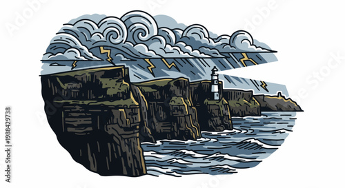 Dramatic storm rolls in over a coastal cliff with a lit lighthouse