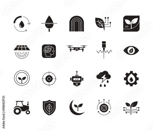 Collection of vector icons representing agricultural and technological themes for modern usage