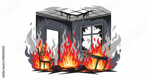 Interior room engulfed in flames with burning furniture and broken window
