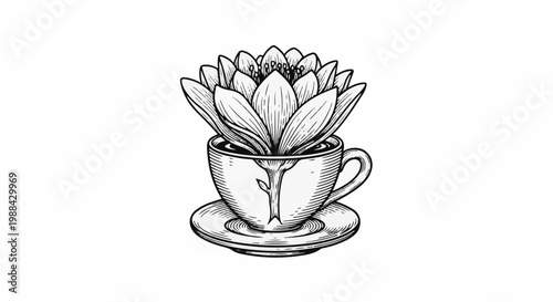 Blooming flower emerges from a sketched coffee cup on a saucer