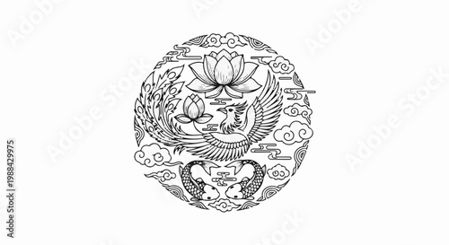 Detailed circular emblem with a mythical bird, lotus flowers, koi fish, and clouds