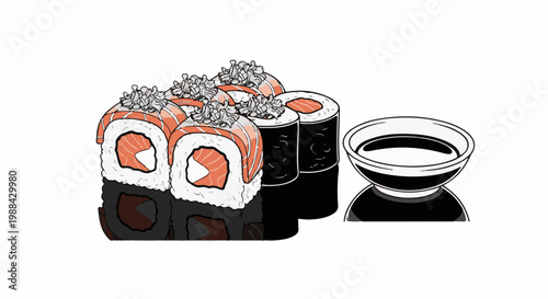 Delicious salmon sushi rolls with a side of soy sauce dip