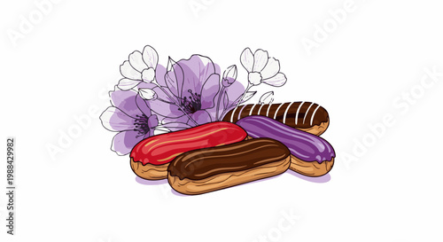 Delicious eclairs adorned with purple flowers