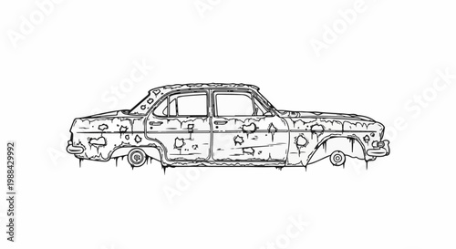 Line art of a heavily rusted, vintage sedan with missing parts and rough edges